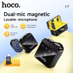 Product image of the Hoco L17 Dual-Mic Magnetic Lavalier Microphone for iPhone, available in Bangladesh. The image shows two black wireless transmitters, a portable charging case with a digital battery indicator, and a Lightning receiver. Key features such as 2.4G wireless transmission and HD audio are highlighted.