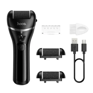 Hoco HP90 electric foot dermabrasion device with three quartz stone grinding heads, 3-speed control, and waterproof ABS body.