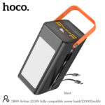 Hoco DB49 22.5W 100000mAh black power bank with LED digital display, multiple USB Type-C Lightning ports, flame-retardant shell on gradient background