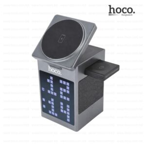 Hoco DWQ04 3-in-1 wireless charging station with Bluetooth 5.3 speaker, alarm clock display, and 15W fast wireless charging pad.