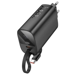 Hoco J148 Handy 5000mAh PD20W power bank with built-in USB-C cable, LED digital display, and slim 190g ABS PC design.