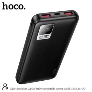 Hoco DB84 Resolute 22.5W 10000mAh power bank with USB-A 22.5W and Type-C 20W PD fast charge output, LED digital display, 222.6g ABS PC body.