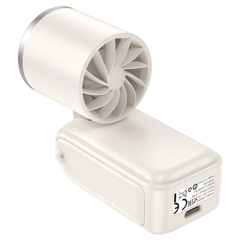 Hoco HX606 mini foldable portable hand fan in Beige, compact 3-speed USB rechargeable personal cooling fan for handbag and clutch carry.