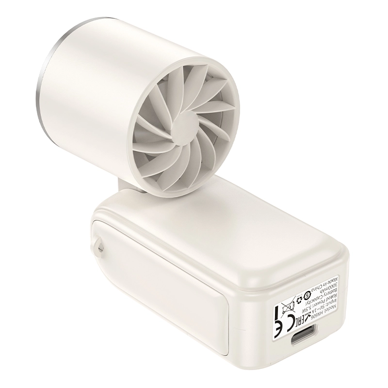 Hoco HX606 mini foldable portable hand fan in Beige, compact 3-speed USB rechargeable personal cooling fan for handbag and clutch carry.