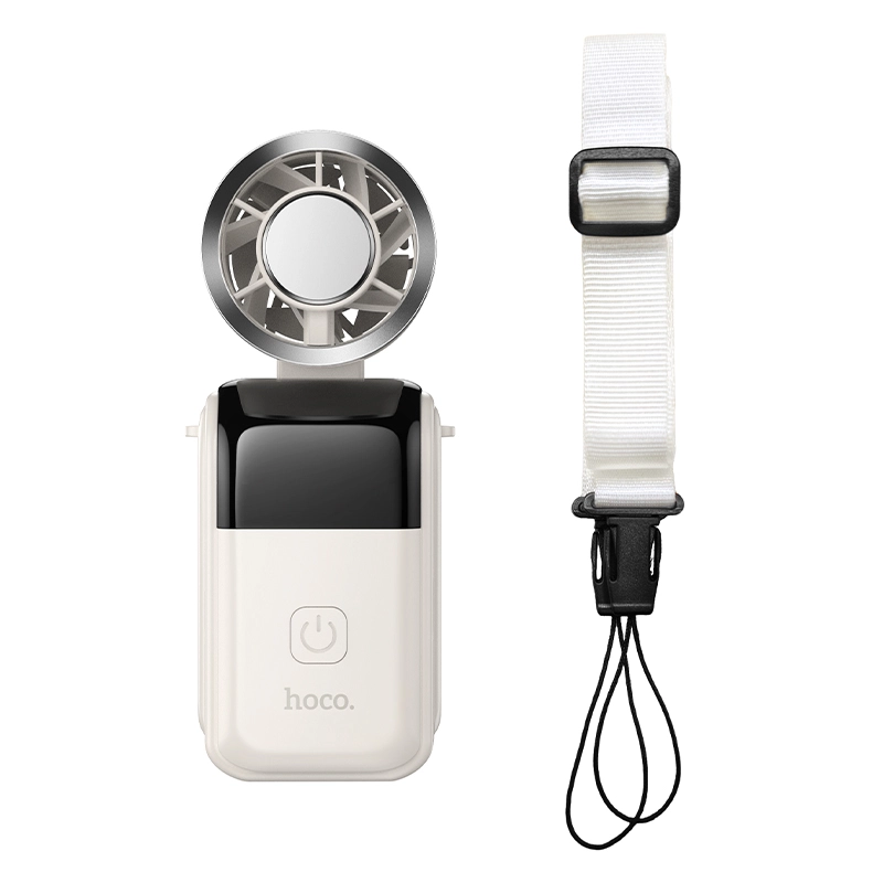 Hoco HX606 mini foldable portable hand fan in Beige, compact 3-speed USB rechargeable personal cooling fan for handbag and clutch carry.