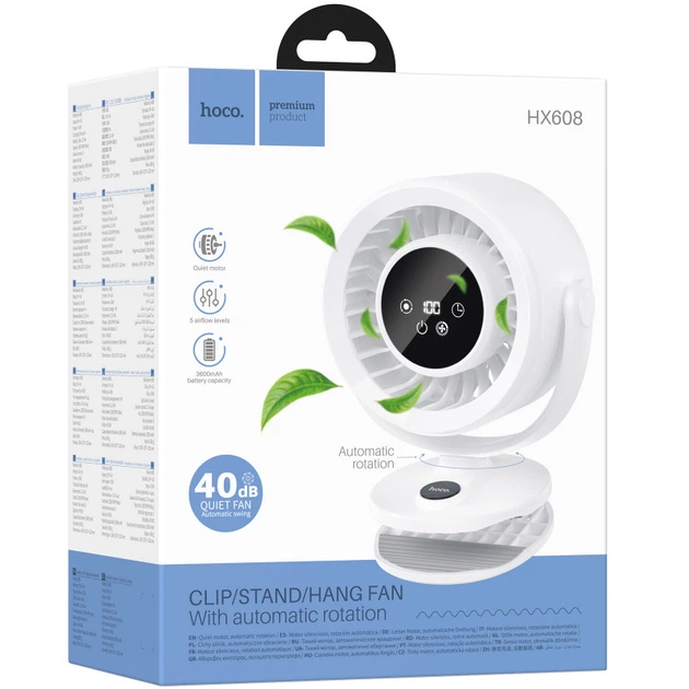 Hoco HX608 3-in-1 Automatic Rotating Clip Fan with 3600mAh Battery – Clip, Desk & Wall Mount Cooling