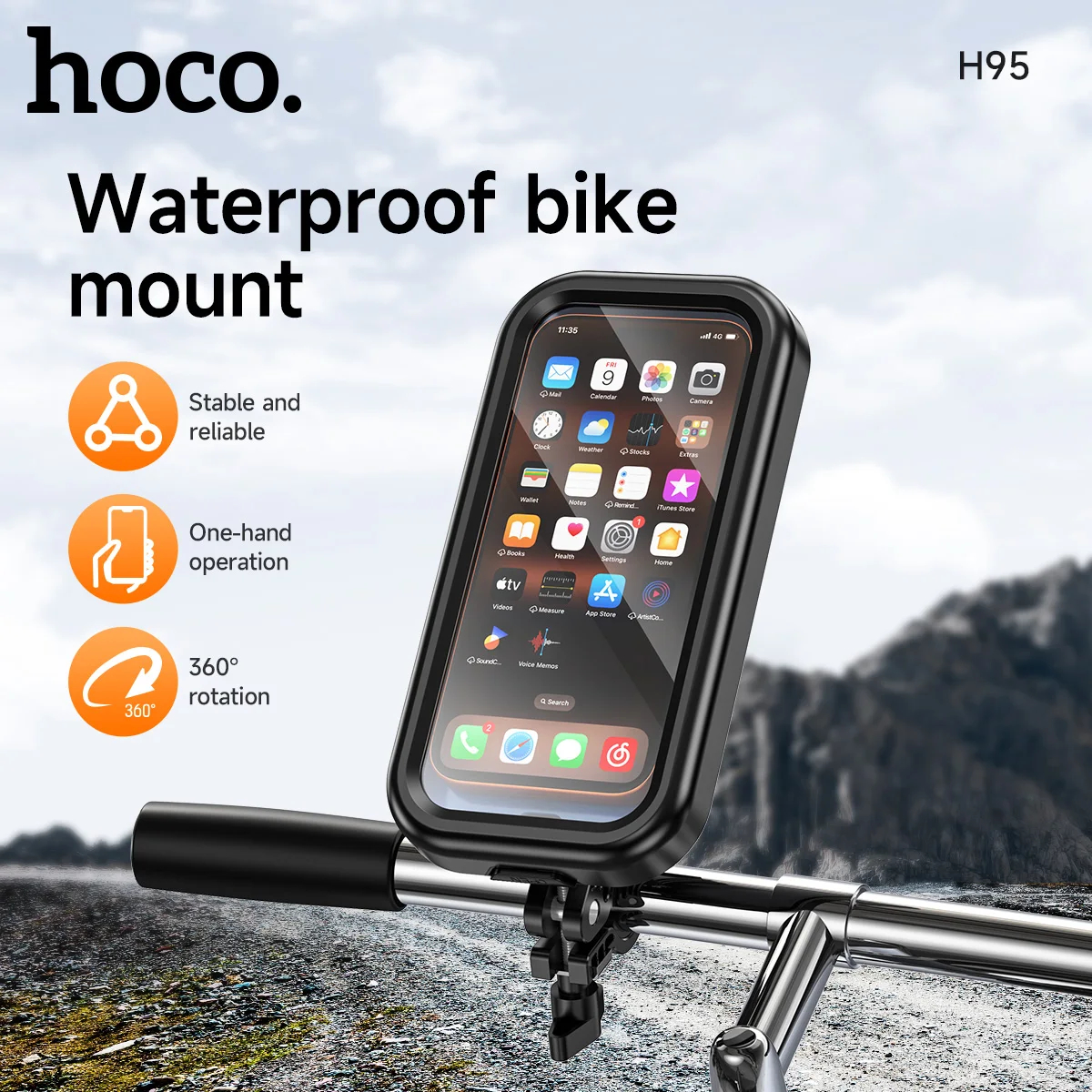 Hoco H95 waterproof phone holder mounted on bicycle handlebar