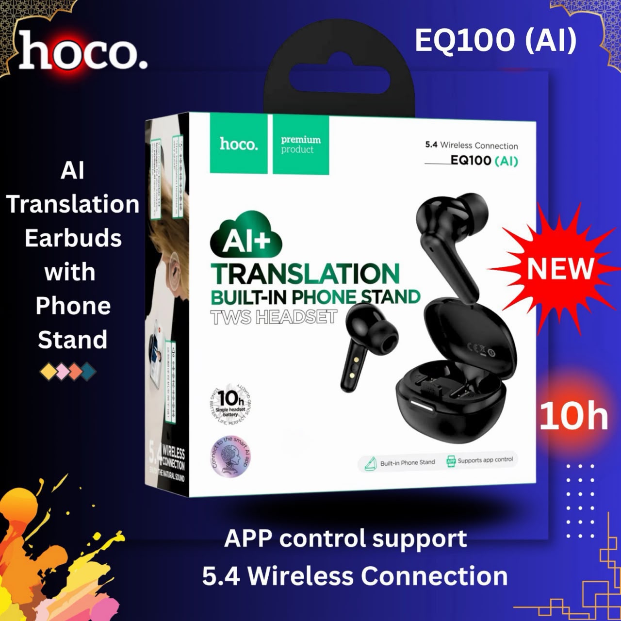 Hoco EQ100 AI Translation Earbuds with Phone Stand – 134 Languages, BT 5.4